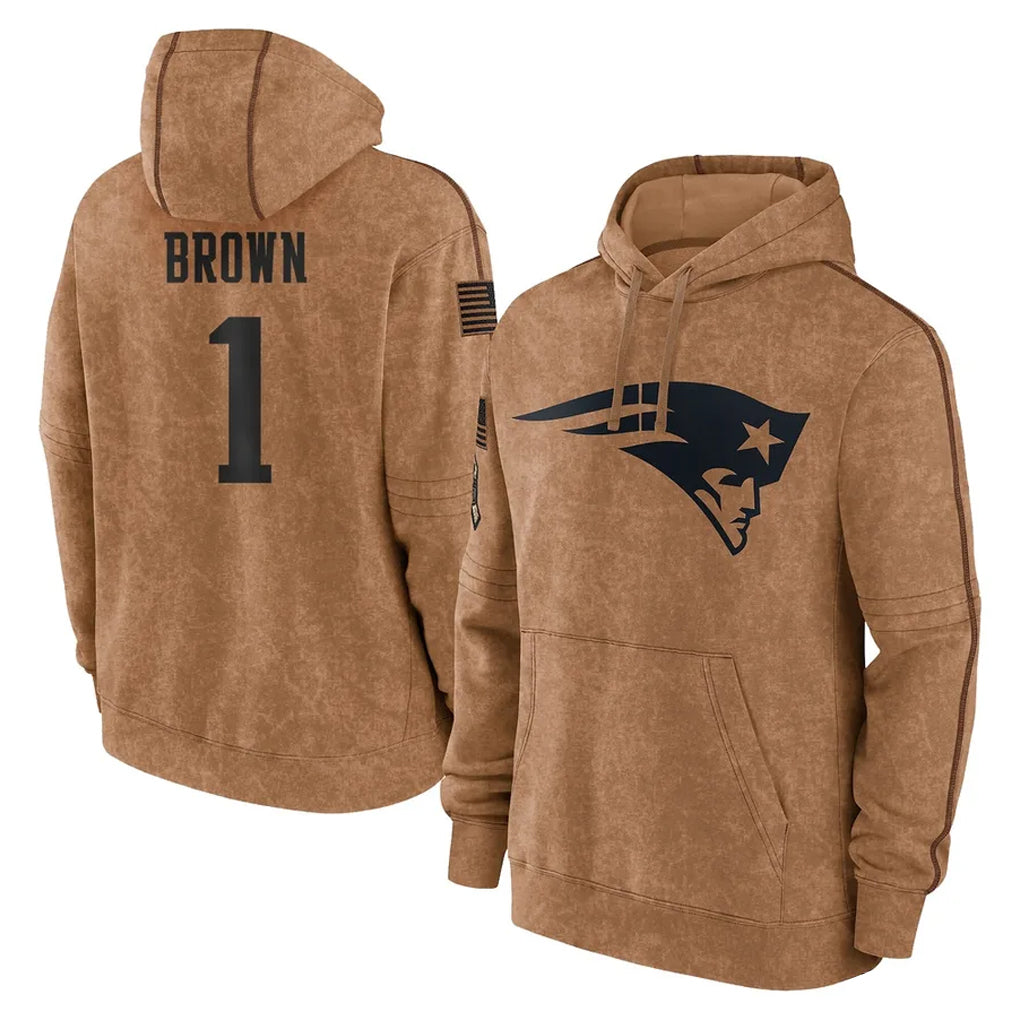 Punc NE.Patriots #1 A.J. Brown Player Brown Salute to Service Pullover Hoodies Limited Game Stitched Jerseys