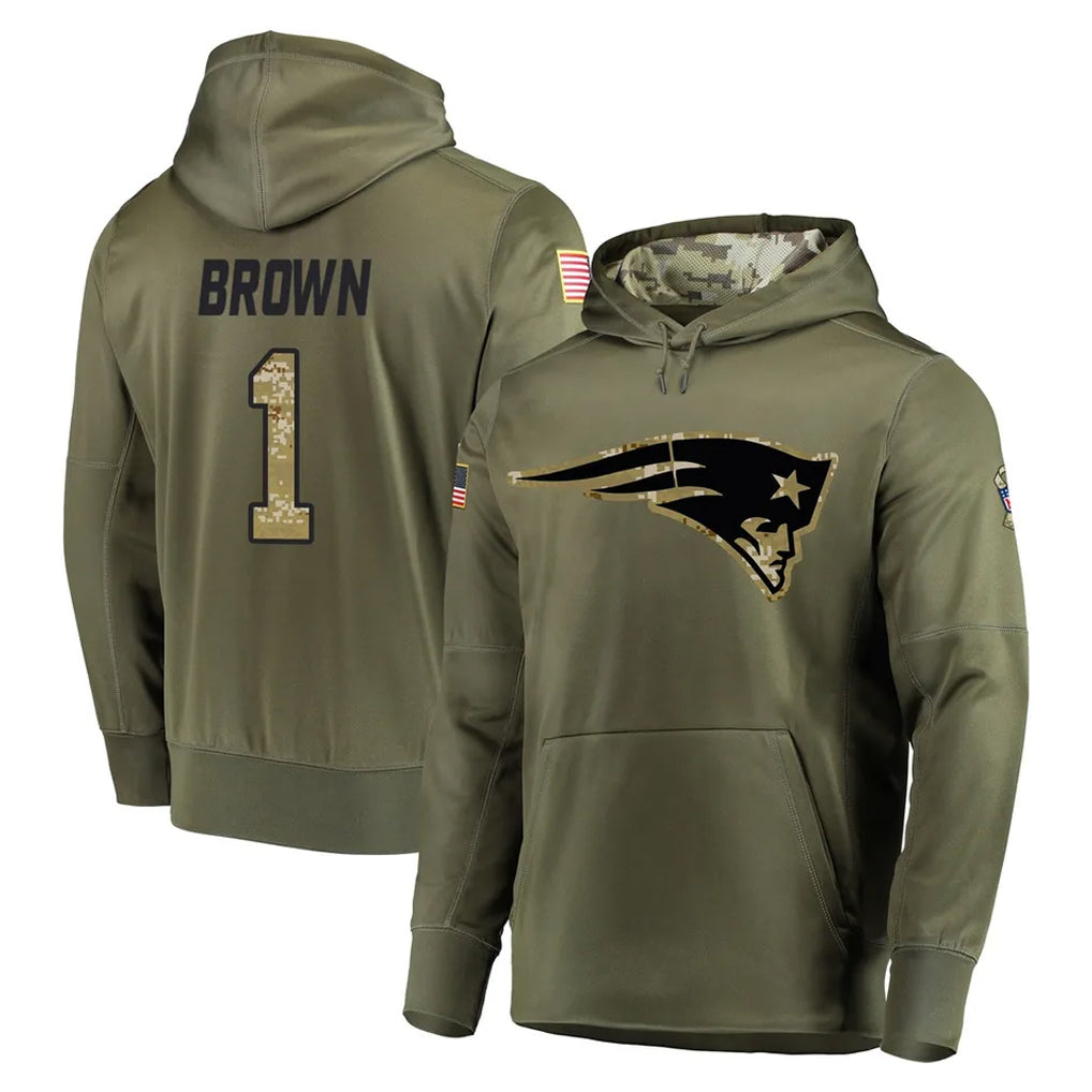 Punc NE.Patriots #1 A.J. Brown Player Olive Salute to Service Pullover Hoodies Home Game Stitched Jerseys