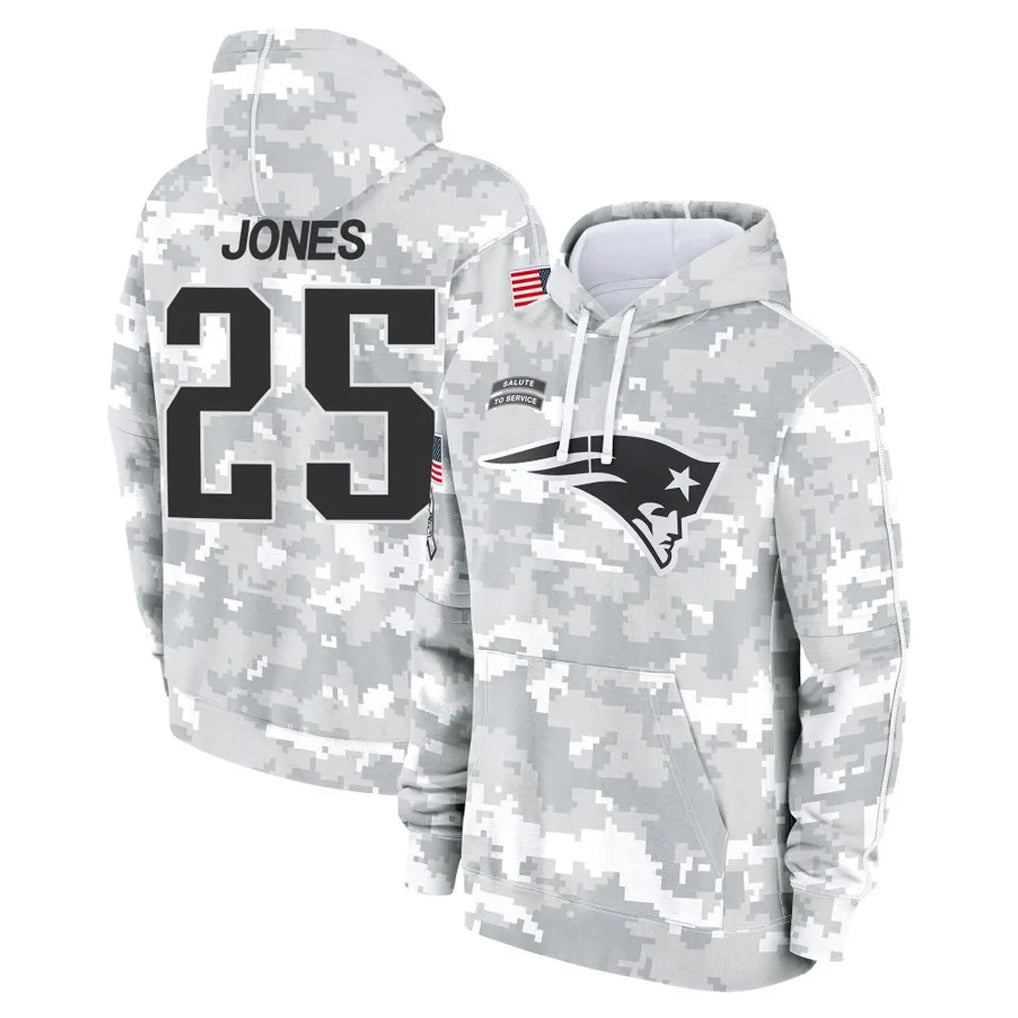Punc NE.Patriots #25 Marcus Jones Player Arctic Camo Salute to Service Pullover Hoodies Limited Game Stitched Jerseys