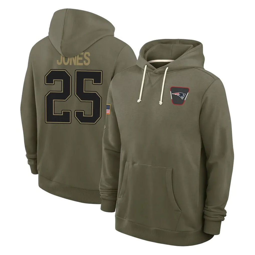 Punc NE.Patriots #25 Marcus Jones Player Olive Salute to Service Pullover Hoodies Limited Stitched Jerseys