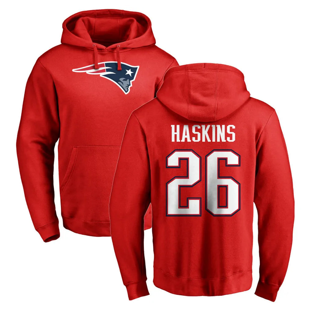 Punc NE.Patriots #26 Hassan Haskins Player Red LOGO Pullover Hoodies Home Game Stitched Jerseys