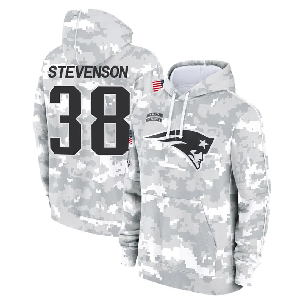 Punc NE.Patriots #38 Rhamondre Stevenson Player Arctic Camo Salute to Service Pullover Hoodies Limited Game Stitched Jerseys