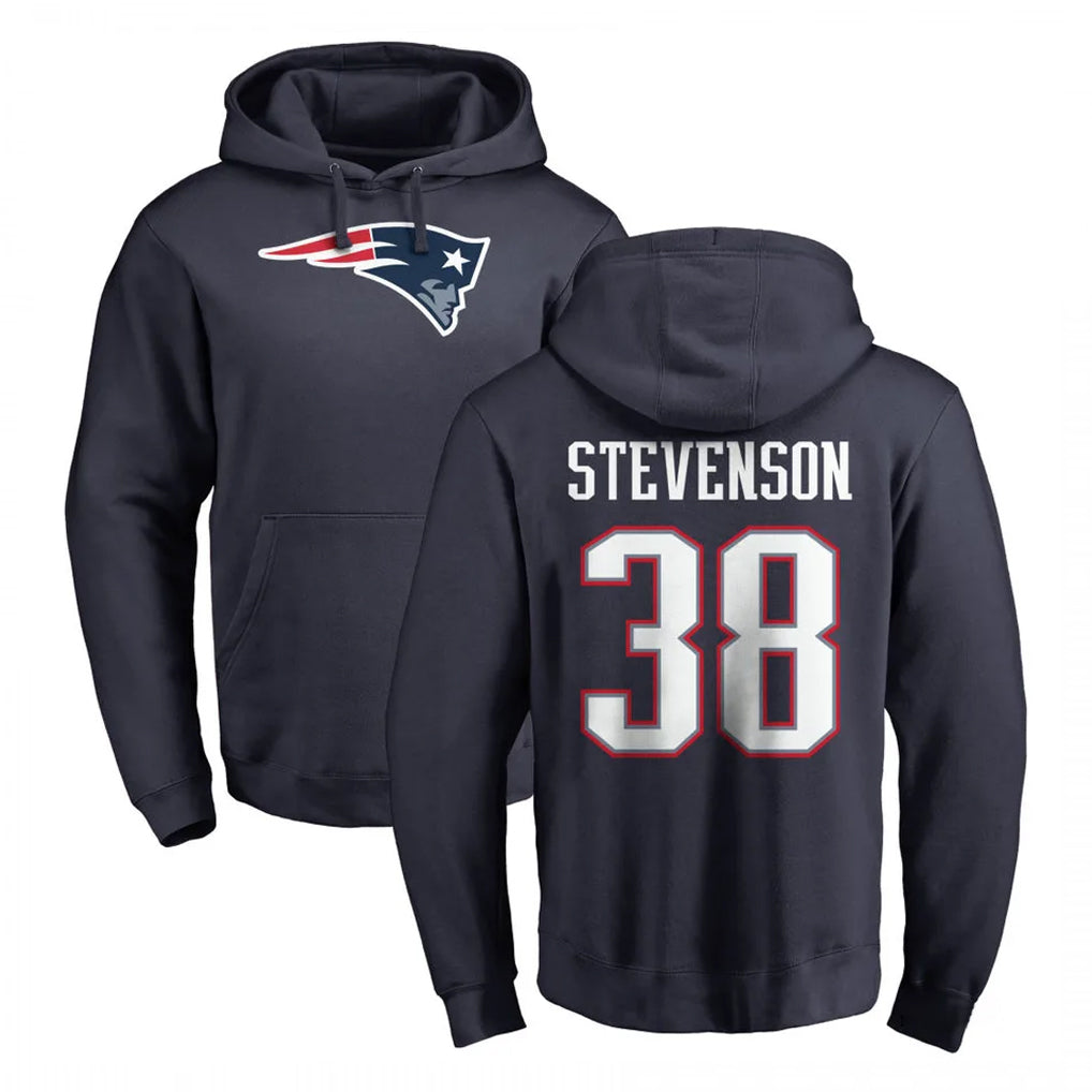 Punc NE.Patriots #38 Rhamondre Stevenson Player Navy LOGO Pullover Hoodies Home Game Stitched Jerseys