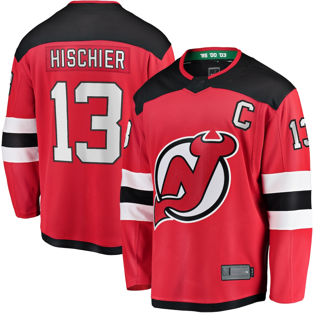 Punc N.Jersey Devils #13 Nico Hischier Red Captain Patch Home Breakaway Jerseys