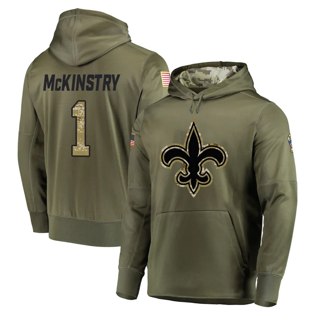 Punc NO.Saints #1 Kool-Aid McKinstry Player Olive Salute to Service Pullover Hoodies Home Game Stitched Jerseys