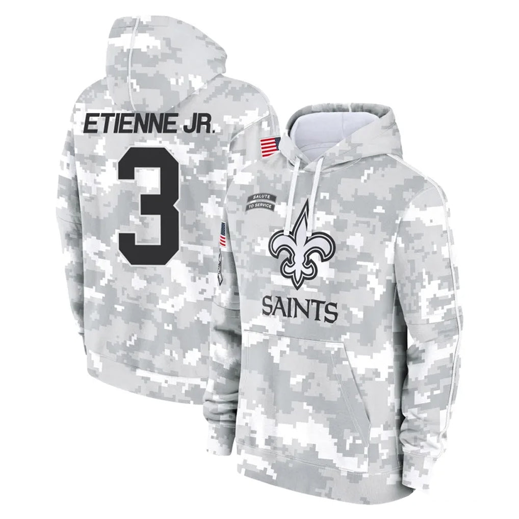Punc NO.Saints #3 Travis Etienne Jr. Player Arctic Camo Salute to Service Pullover Hoodies Limited Game Stitched Jerseys