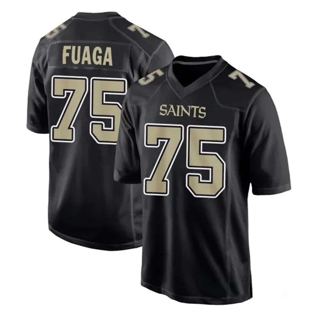 Punc NO.Saints #75 Taliese Fuaga Player Black Carbon Fashion Home Game Stitched Jerseys