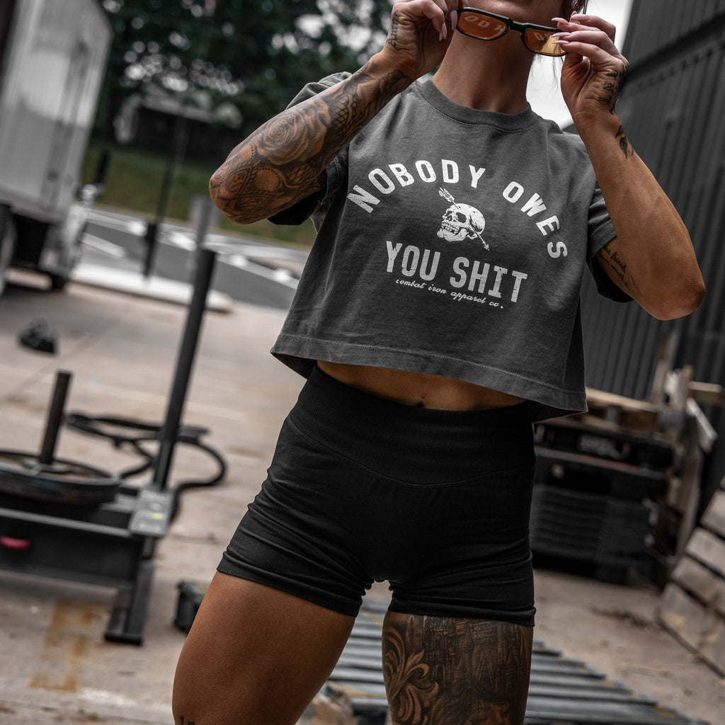 Crovyie cheap jerseys Ordering Nobody Owes You Shit Skull Women's Crop Heavyweight Tee