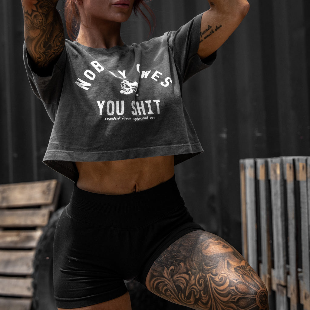 Crovyie cheap jerseys Ordering Nobody Owes You Shit Skull Women's Crop Heavyweight Tee