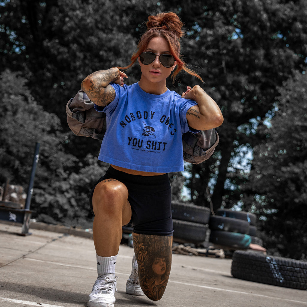 Crovyie cheap jerseys Ordering Nobody Owes You Shit Skull Women's Crop Heavyweight Tee