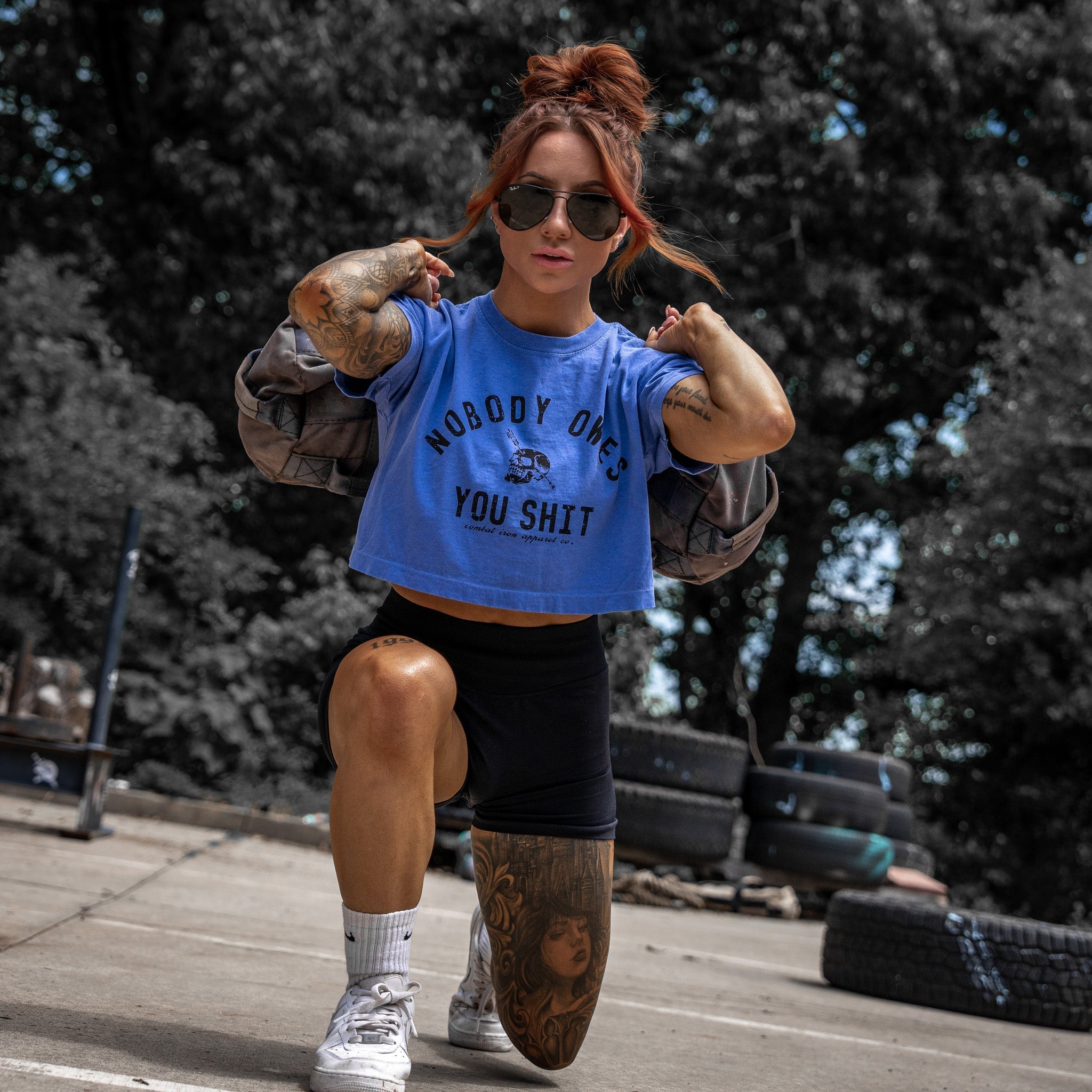 Crovyie cheap jerseys Ordering Nobody Owes You Shit Skull Women's Crop Heavyweight Tee
