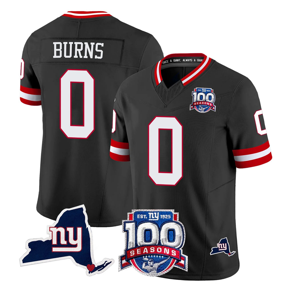 Punc NY.Giants #0 Brian Burns Player Black 100th Season & State Patch Vapor Limited Home Game Stitched Jerseys