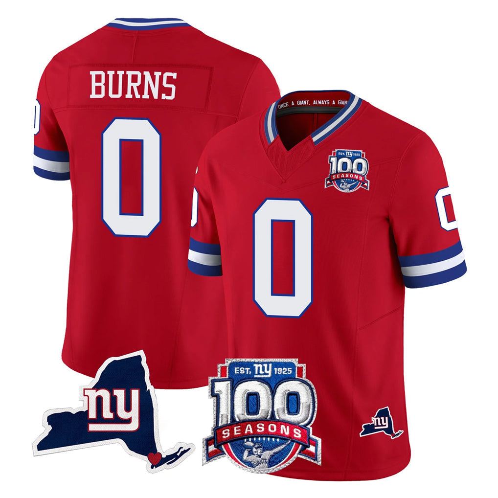Punc NY.Giants #0 Brian Burns Player Red 100th Season & State Patch Vapor Limited Home Game Stitched Jerseys