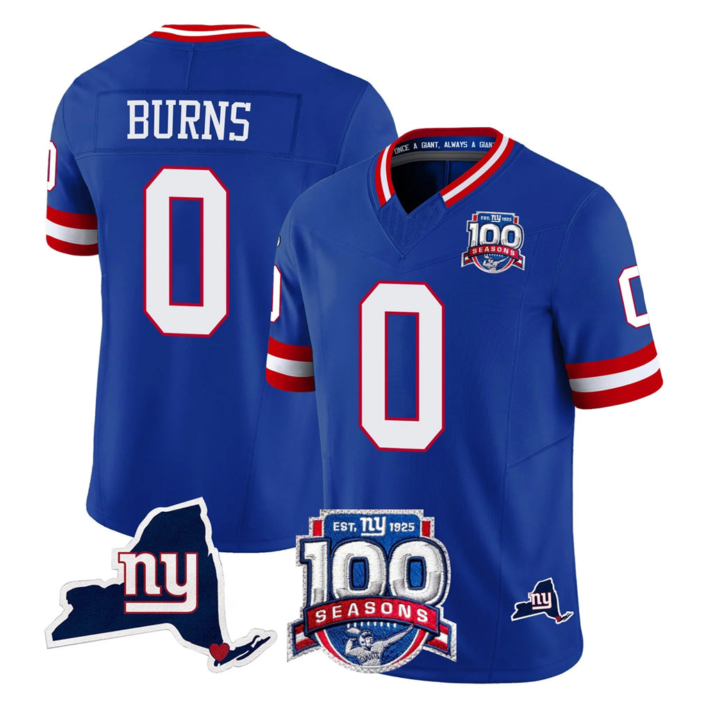 Punc NY.Giants #0 Brian Burns Player Royal 100th Season & State Patch Vapor Limited Home Game Stitched Jerseys