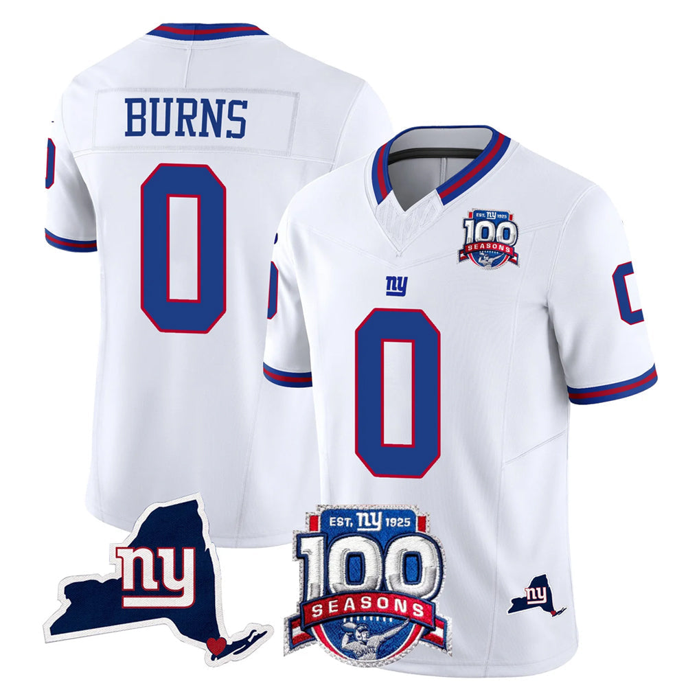 Punc NY.Giants #0 Brian Burns Player White 100th Season & State Patch Vapor Limited Home Game Stitched Jerseys