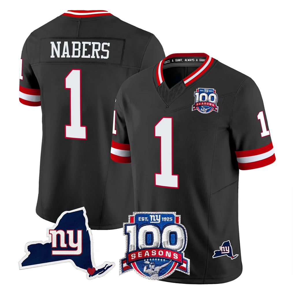 Punc NY.Giants #1 Malik Nabers Player Black 100th Season & State Patch Vapor Limited Home Game Stitched Jerseys
