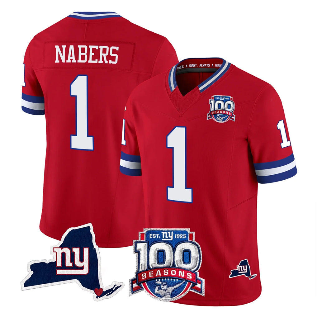 Punc NY.Giants #1 Malik Nabers Player Red 100th Season & State Patch Vapor Limited Home Game Stitched Jerseys