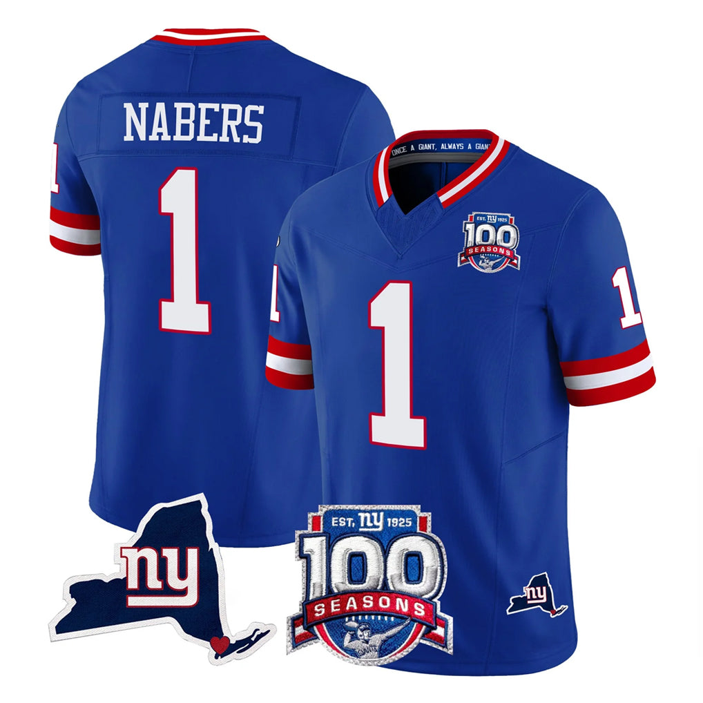 Punc NY.Giants #1 Malik Nabers Player Royal 100th Season & State Patch Vapor Limited Home Game Stitched Jerseys