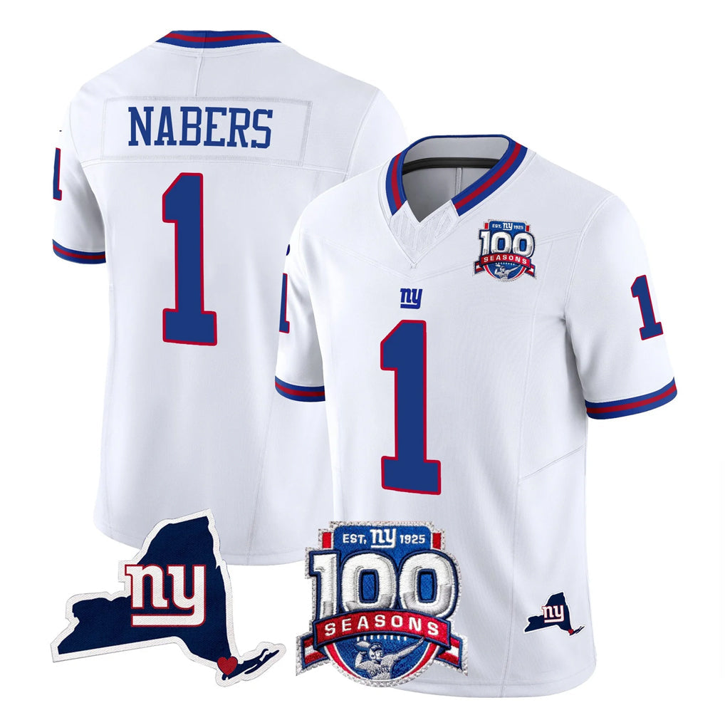 Punc NY.Giants #1 Malik Nabers Player White 100th Season & State Patch Vapor Limited Home Game Stitched Jerseys