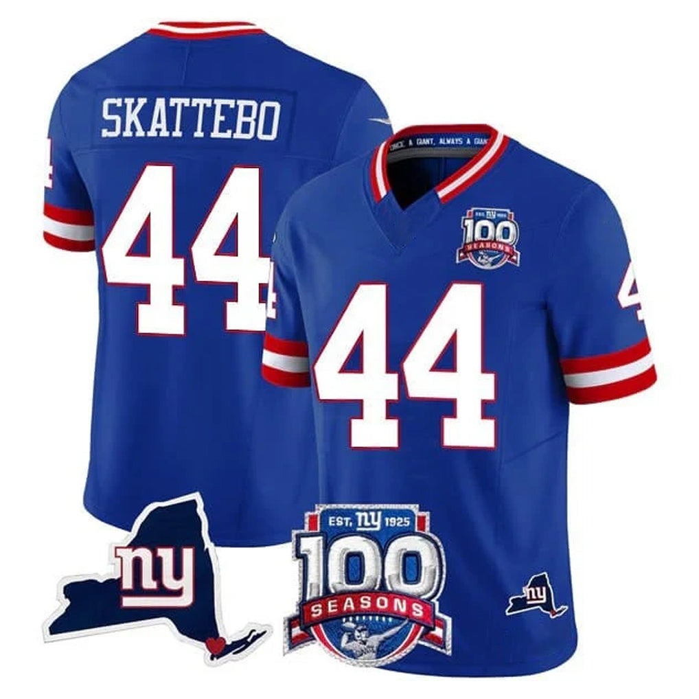 Punc NY.Giants #44 Cam Skattebo Player Royal 100th Season & State Patch Vapor Limited Home Game Stitched Jerseys