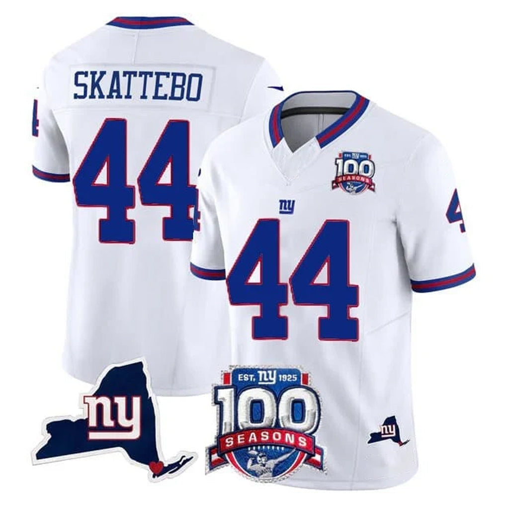 Punc NY.Giants #44 Cam Skattebo Player White 100th Season & State Patch Vapor Limited Home Game Stitched Jerseys