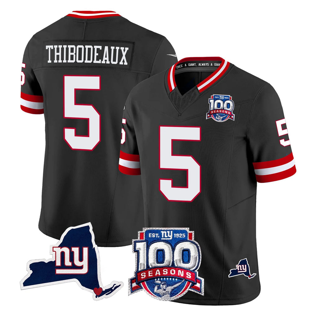 Punc NY.Giants #5 Kayvon Thibodeaux Player Black 100th Season & State Patch Vapor Limited Home Game Stitched Jerseys