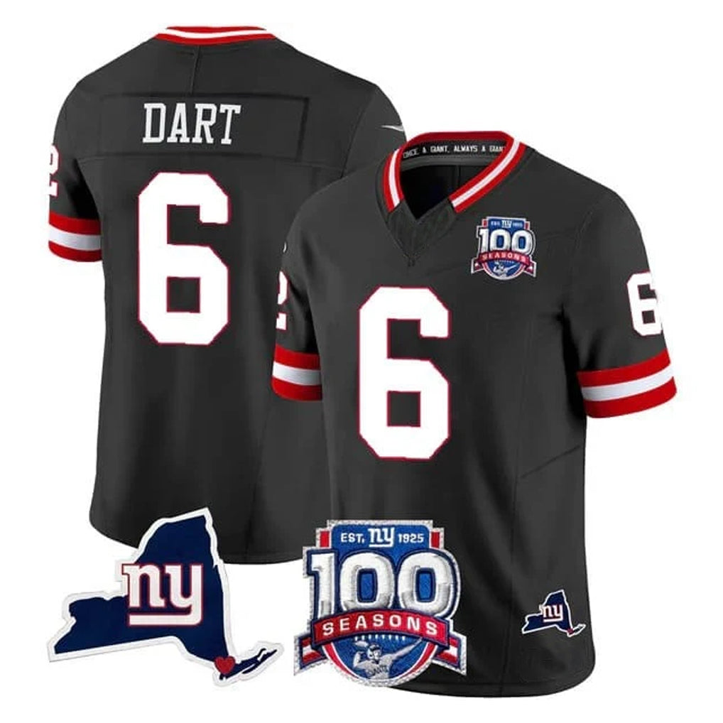 Punc NY.Giants #6 Jaxson Dart Player Black 100th Season & State Patch Vapor Limited Home Game Stitched Jerseys