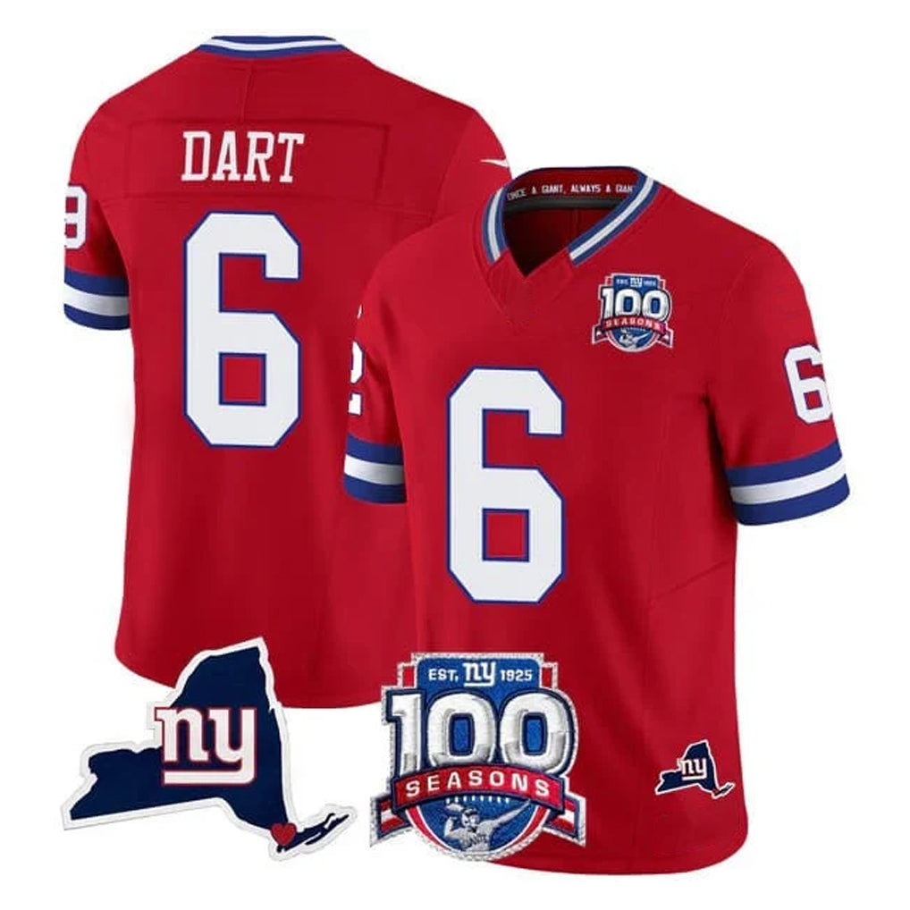 Punc NY.Giants #6 Jaxson Dart Player Red 100th Season & State Patch Vapor Limited Home Game Stitched Jerseys