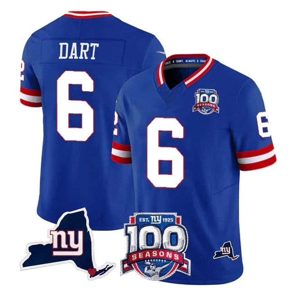 Punc NY.Giants #6 Jaxson Dart Player Royal 100th Season & State Patch Vapor Limited Home Game Stitched Jerseys