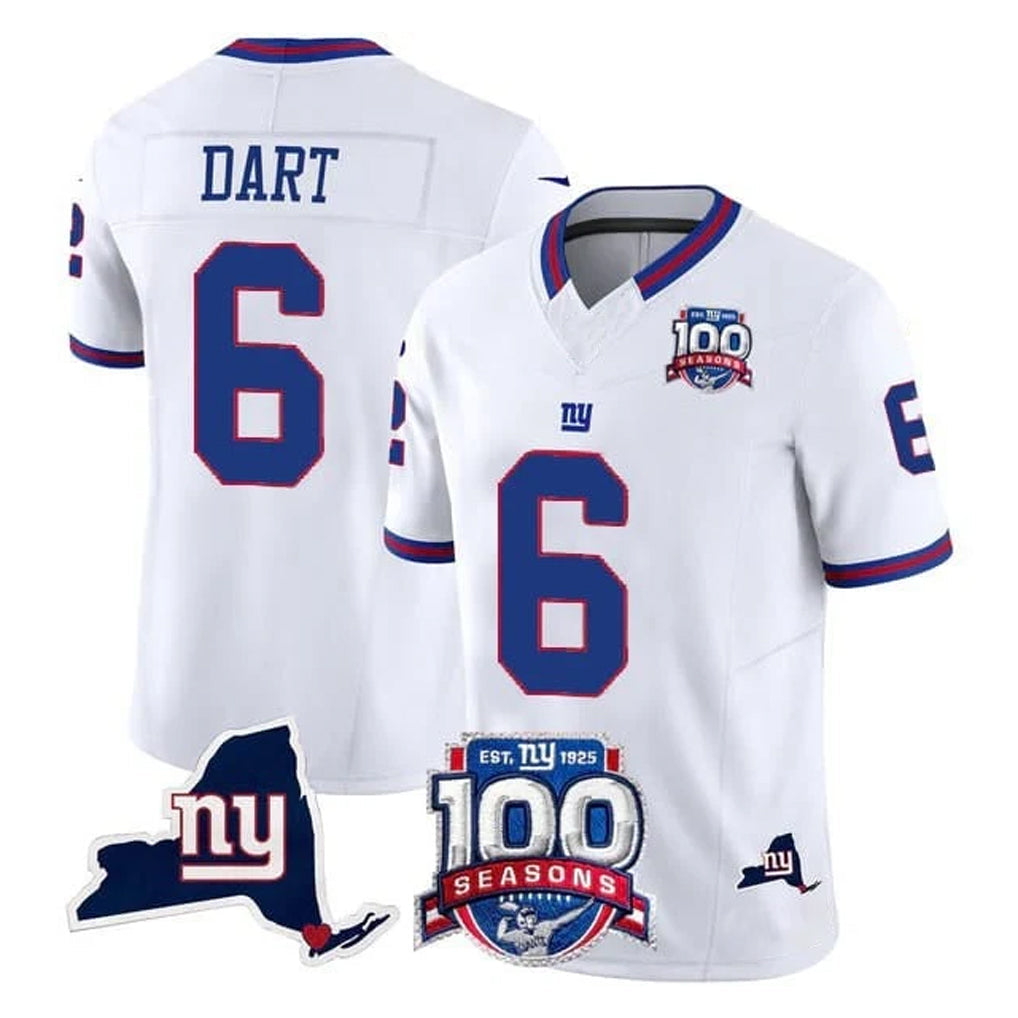 Punc NY.Giants #6 Jaxson Dart Player White 100th Season & State Patch Vapor Limited Home Game Stitched Jerseys