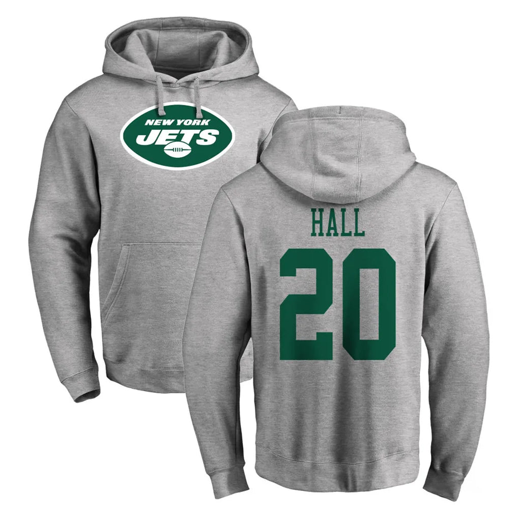 Punc NY.Jets #20 Breece Hall Player Gray LOGO Pullover Hoodies Limited Game Stitched Jerseys