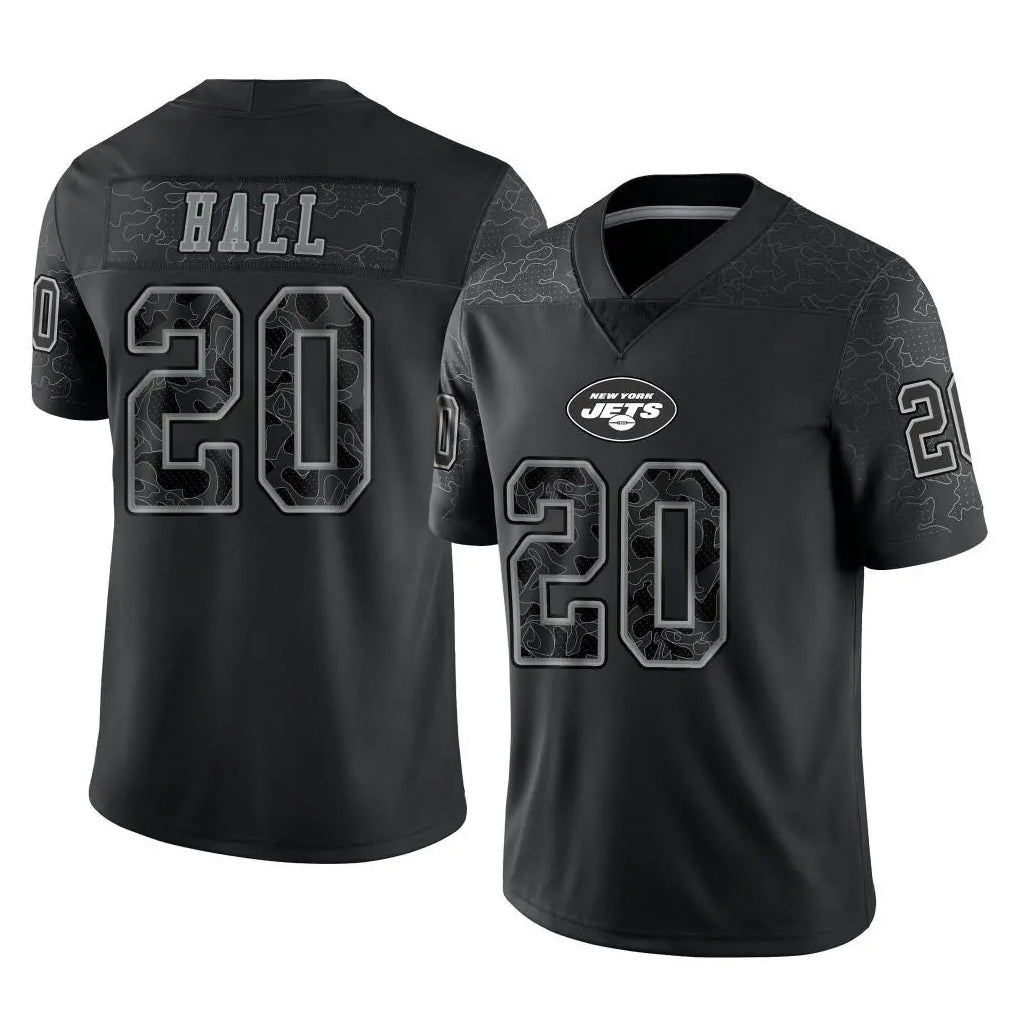 Punc NY.Jets #20 Breece Hall Player Stealth Black Limited Reflective Home Game Stitched Jerseys
