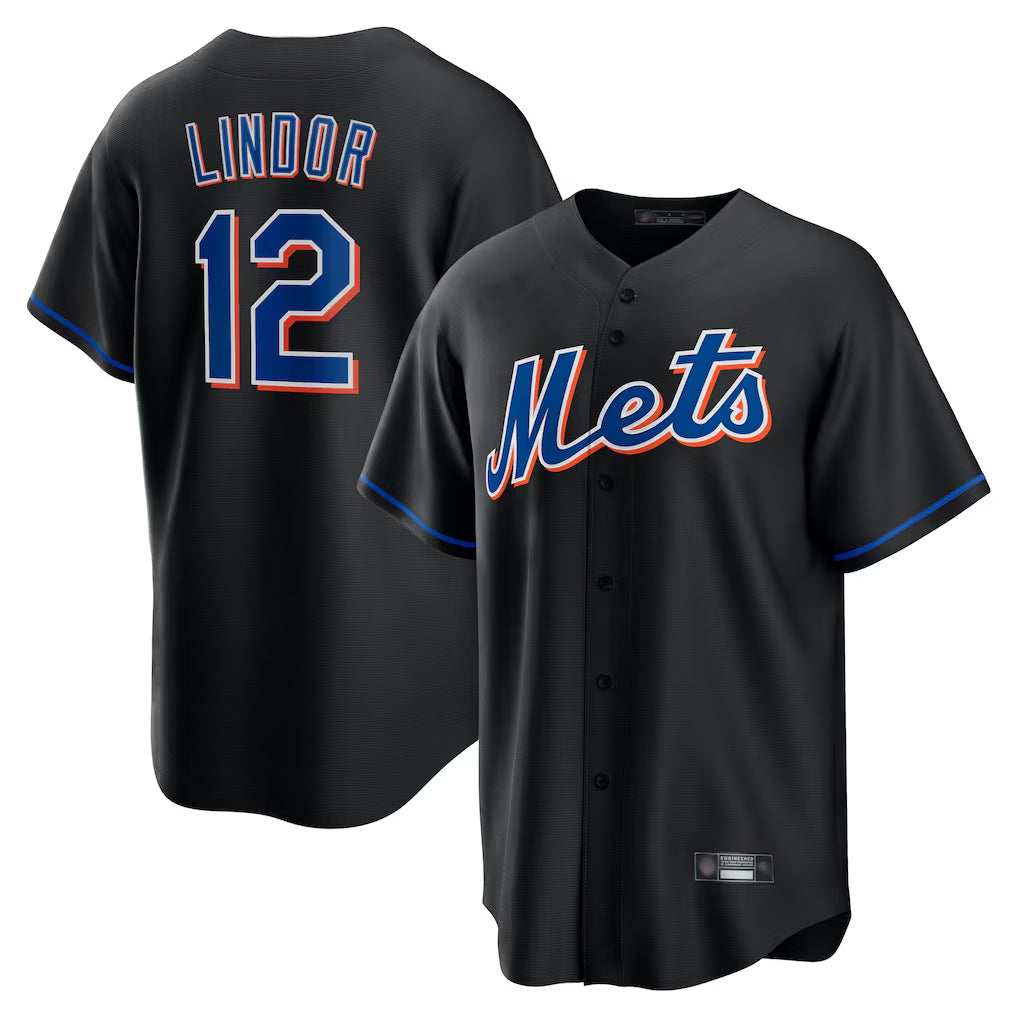Punc NY.Mets #12 Francisco Lindor Player Black Replica Home Game Stitched Jerseys