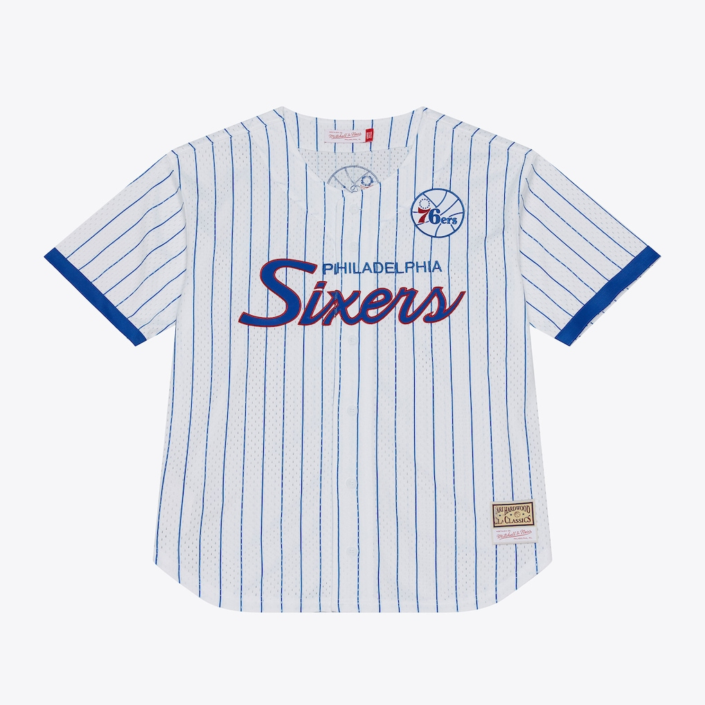 Punc P.76ers Mitchell & Ness White Head Coach Pinstripe Mesh Full-Button Baseball Jerseys
