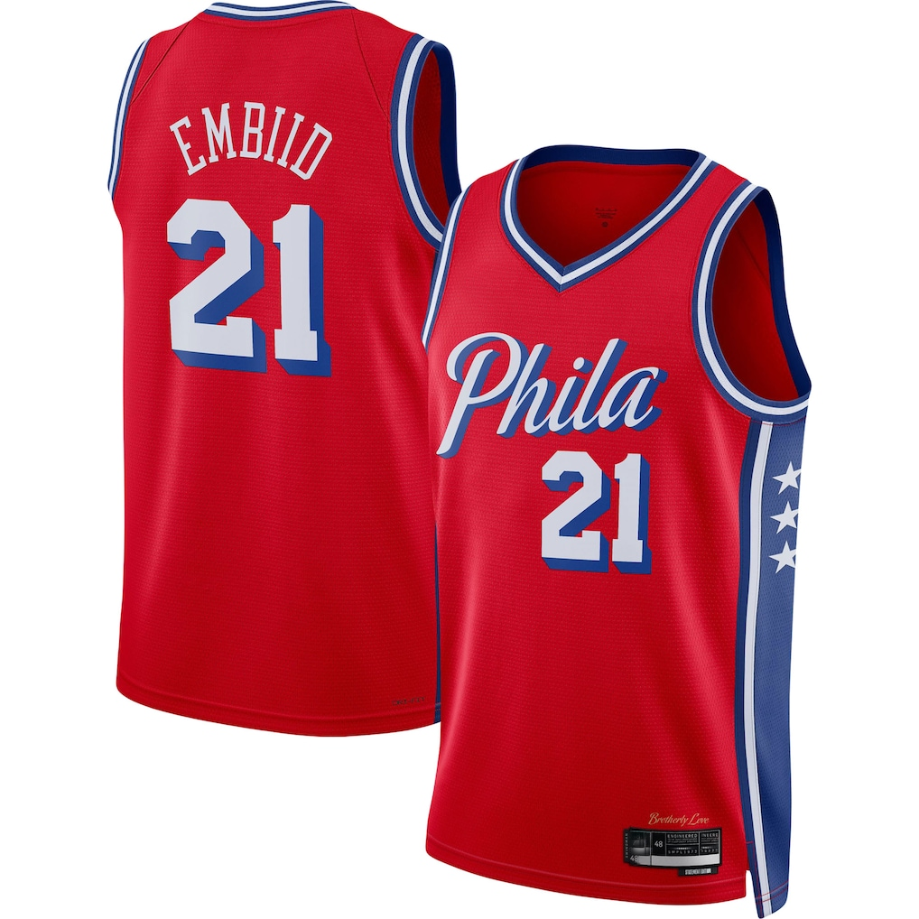 Punc P.76ers #21 Joel Embiid Jordan Brand Red Swingman Jerseys - Statement Edition