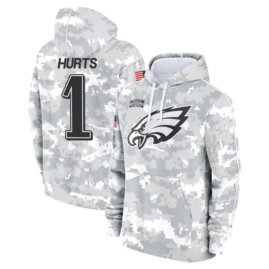 Punc P.Eagles #1 Jalen Hurts Player Military Hoodie Arctic Camo Salute To Service Stitched Jerseys