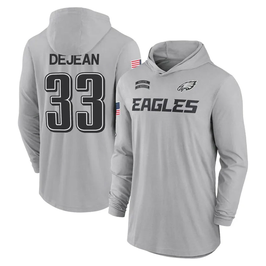 Punc P.Eagles #33 Cooper DeJean Player Military Hoodie Gray Salute To Service Stitched Jerseys