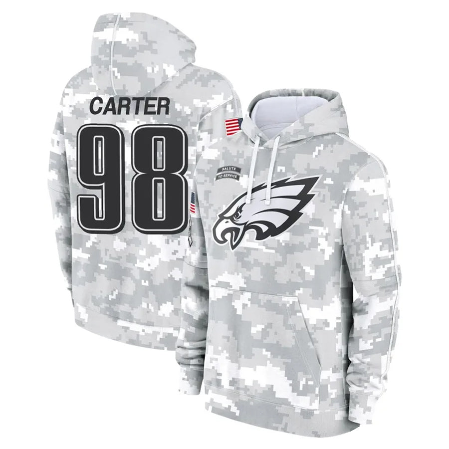 Punc P.Eagles #98 Jalen Carter Player Military Hoodie Arctic Camo Salute To Service Stitched Jerseys