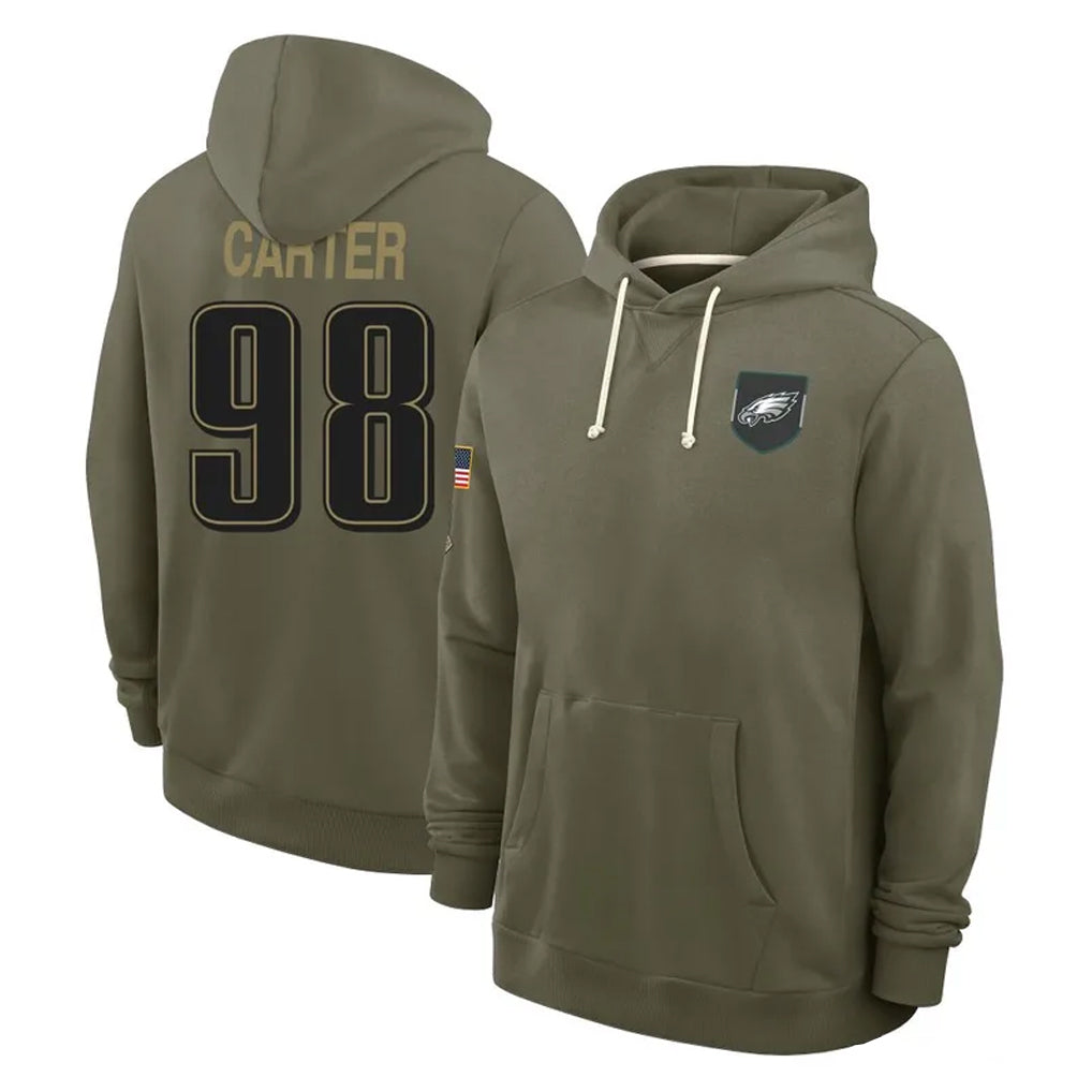 Punc P.Eagles #98 Jalen Carter Player Olive Salute to Service Pullover Hoodies Limited Stitched Jerseys