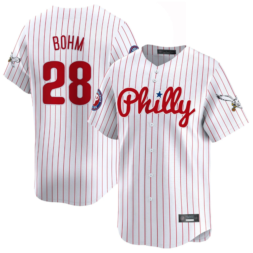 Punc P.Phillies #28 Alec Bohm Player White Pinstripe Phillies & Eagles Vapor Premier Limited Stitched Jerseys
