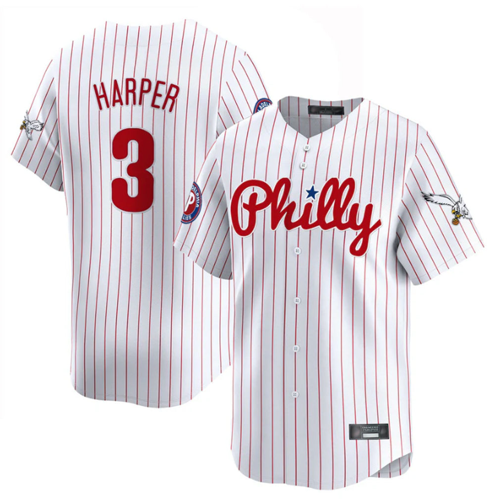 Punc P.Phillies #3 Bryce Harper Player White Pinstripe Phillies & Eagles Vapor Premier Limited Stitched Jerseys