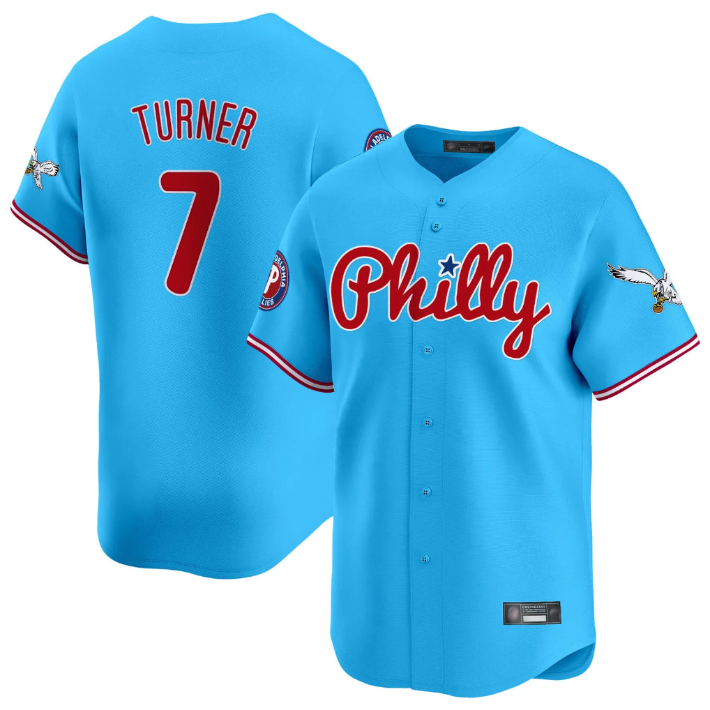 Punc P.Phillies #7 Trea Turner Player Light Blue Phillies & Eagles Vapor Premier Limited Stitched Jerseys
