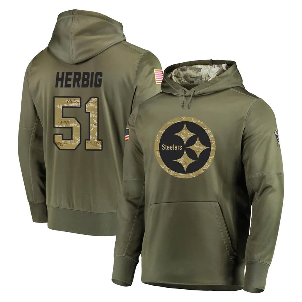 Punc P.Steelers #51 Nick Herbig Player Olive Salute to Service Pullover Hoodie Home Game Stitched Jerseys