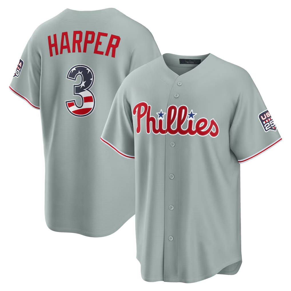 Punc PH.Phillies #3 Bryce Harper Gray USA 250 Fourth of July Road Stadium Jersey