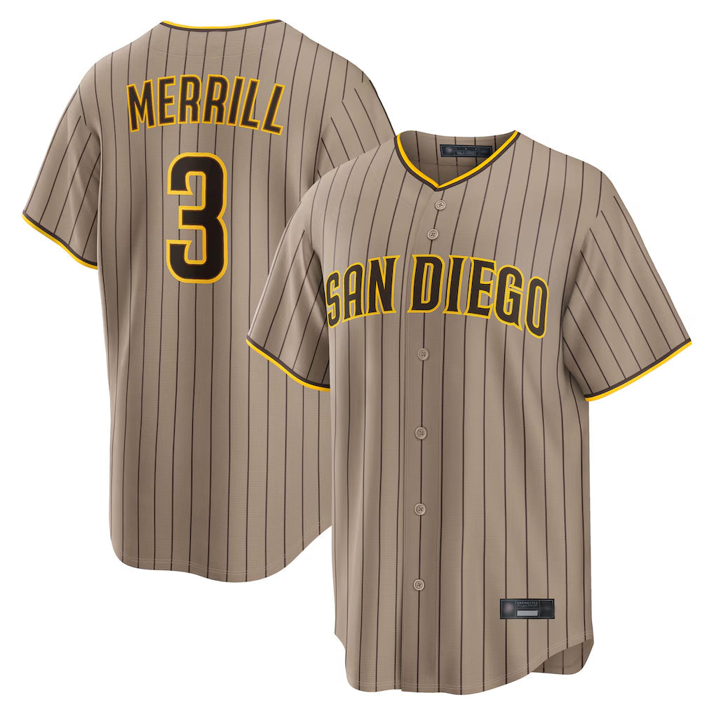 Punc S.Diego Padres #3 Jackson Merrill Player Khaki Home Game Stitched Jerseys