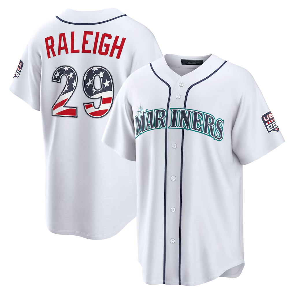 Punc S.Mariners #29 Cal Raleigh White USA 250 Fourth of July Home Stadium Jersey