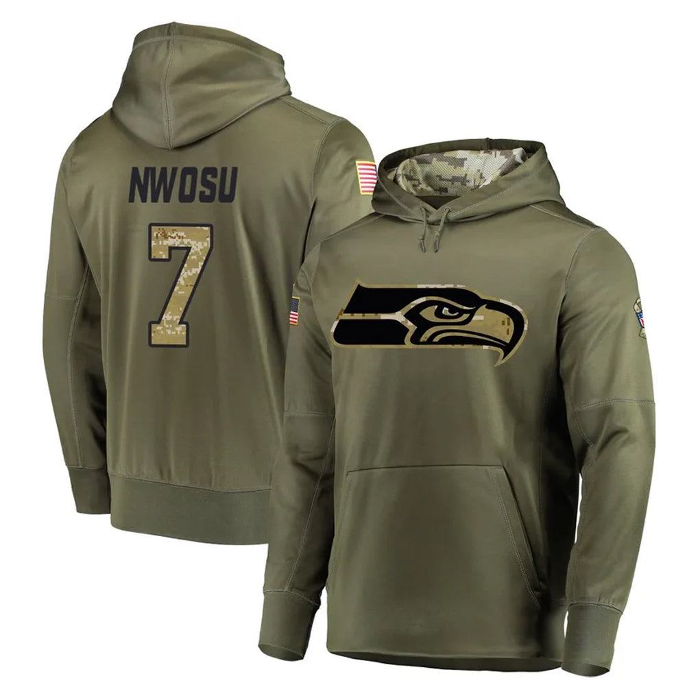 Punc S.Seahawks #7 Uchenna Nwosu Player Olive Salute to Service Pullover Hoodie Home Game Stitched Jerseys