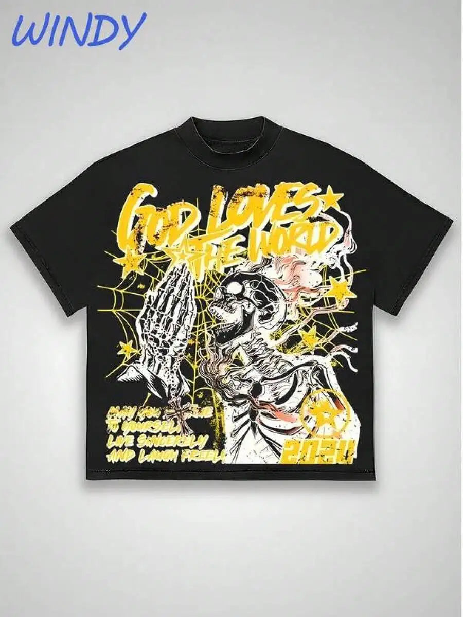 Cheap T-shirt Jerseys Black Skull Print Cotton T-Shirt, Yellow Praying Hands Design, Oversized Y2K Style, Summer Casual Fashion Top