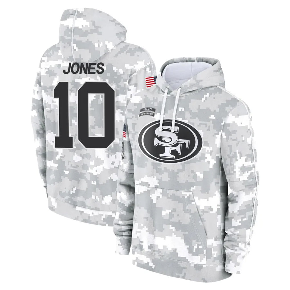 Punc SF.49ers #10 Mac Jones Player Arctic Camo Limited Salute to Service Pullover Hoodies Game Stitched Jerseys