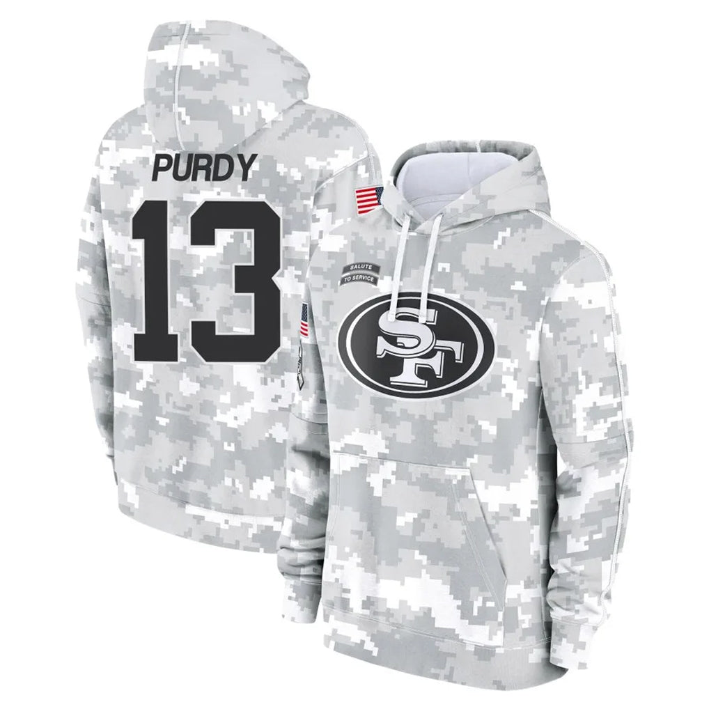 Punc SF.49ers #13 Brock Purdy Player Arctic Camo Limited Salute to Service Pullover Hoodies Game Stitched Jerseys